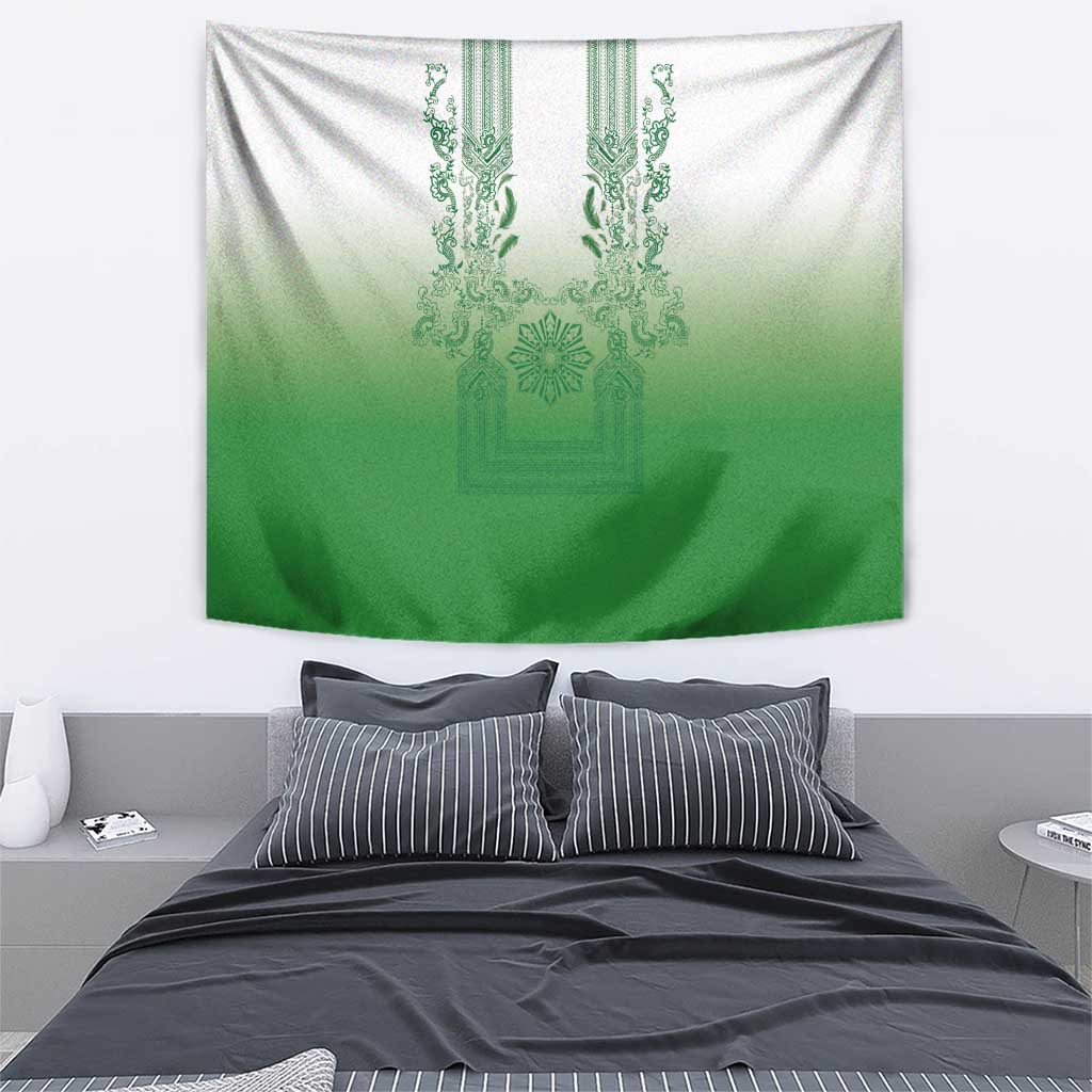 Philippines Barong Style Tapestry with Polynesian Art and Leaf Motif Green Color