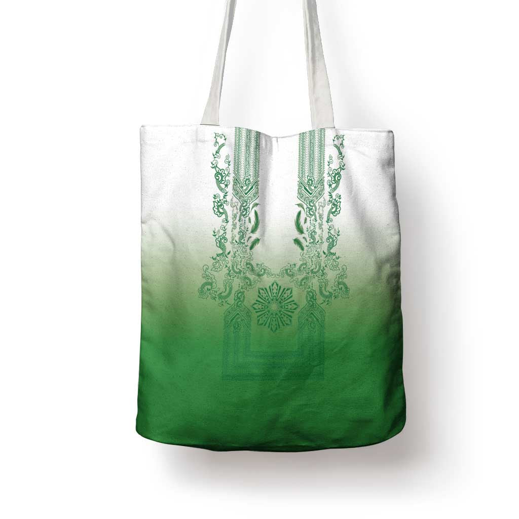 Philippines Barong Style Tote Bag with Polynesian Art and Leaf Motif Green Color