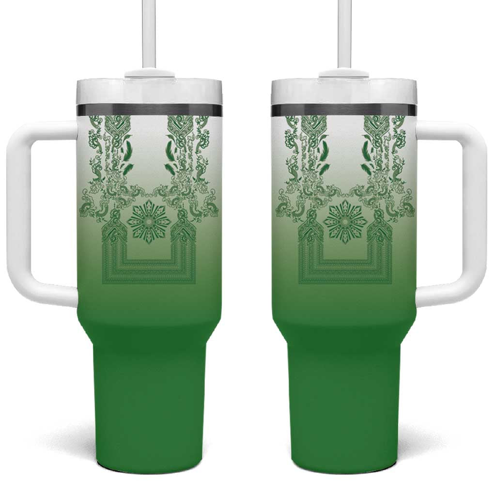 Philippines Barong Style Tumbler With Handle with Polynesian Art and Leaf Motif Green Color