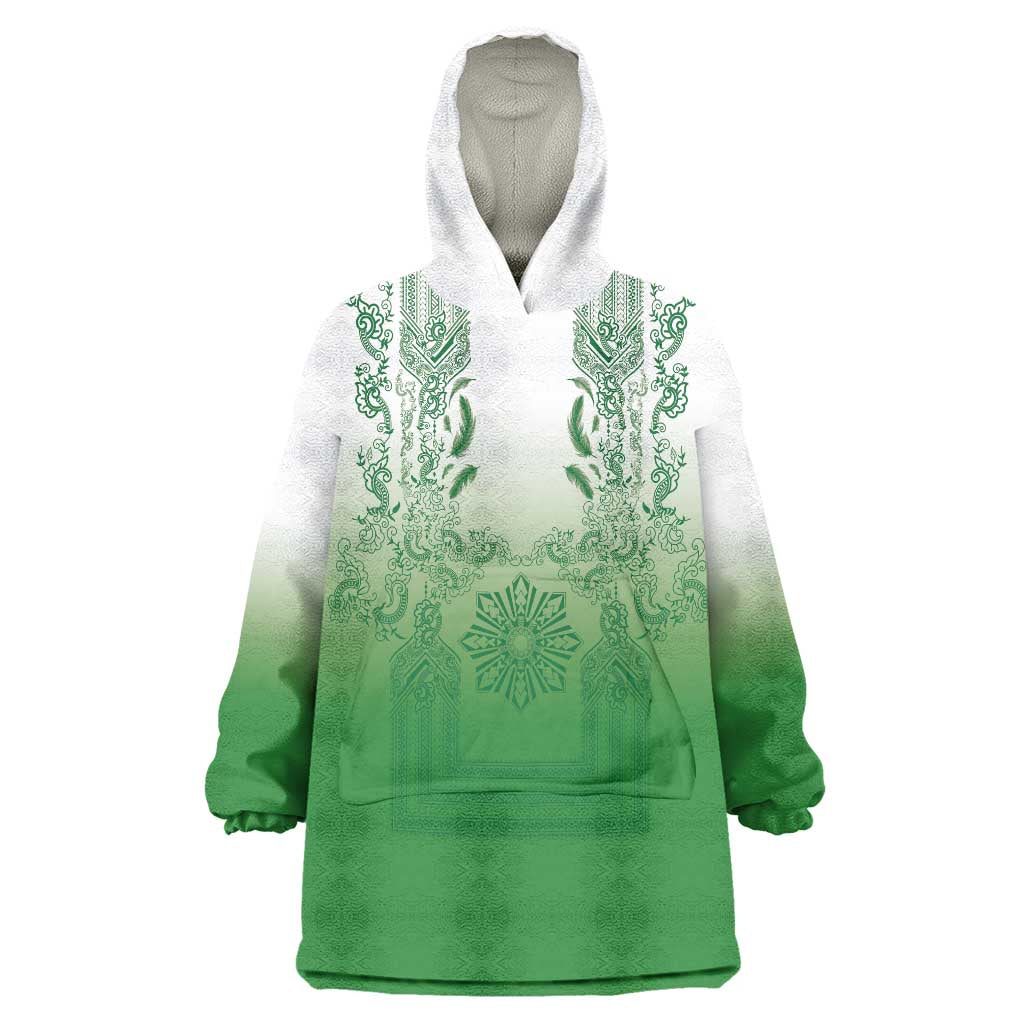 Philippines Barong Style Wearable Blanket Hoodie with Polynesian Art and Leaf Motif Green Color LT03 One Size Green - Polynesian Pride