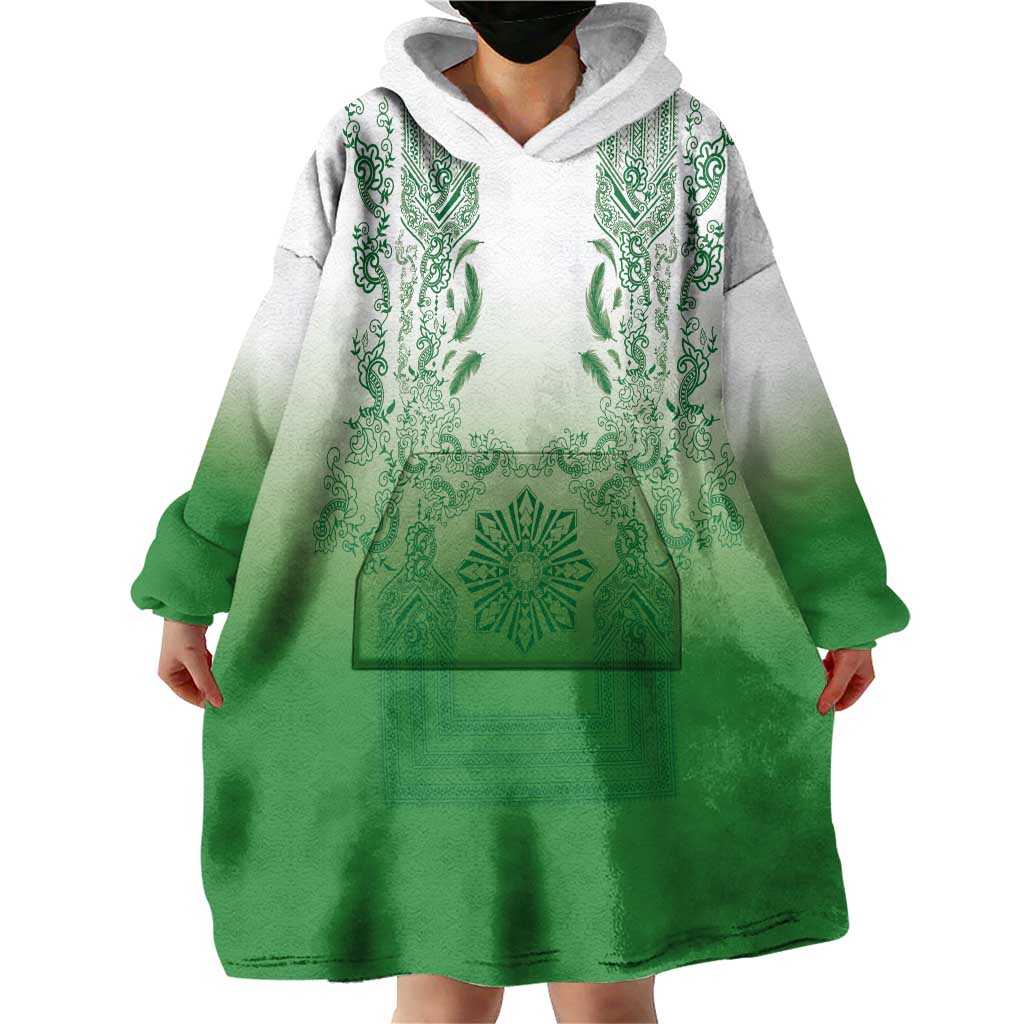 Philippines Barong Style Wearable Blanket Hoodie with Polynesian Art and Leaf Motif Green Color LT03 - Polynesian Pride