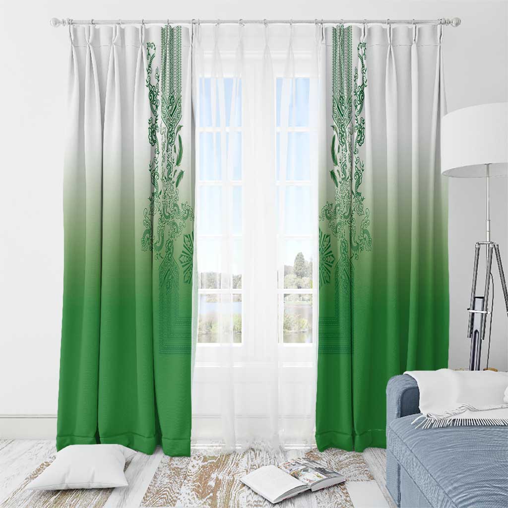 Philippines Barong Style Window Curtain with Polynesian Art and Leaf Motif Green Color