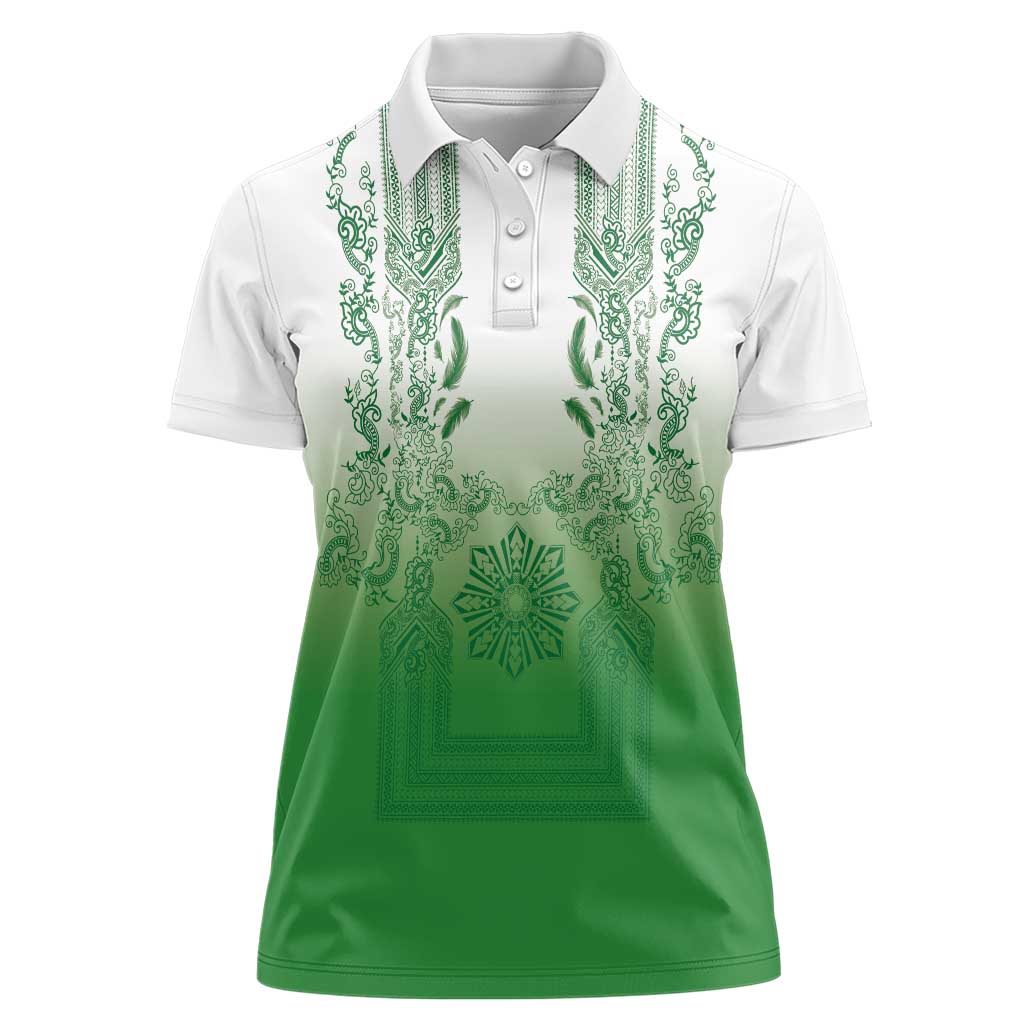 Philippines Barong Style Women Polo Shirt with Polynesian Art and Leaf Motif Green Color