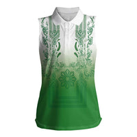 Philippines Barong Style Women Sleeveless Polo Shirt with Polynesian Art and Leaf Motif Green Color LT03 Female Green - Polynesian Pride