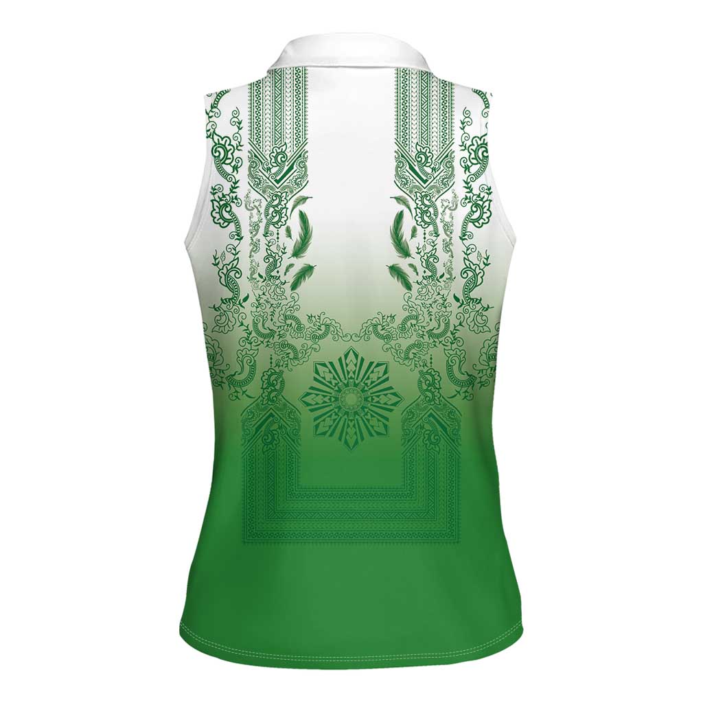 Philippines Barong Style Women Sleeveless Polo Shirt with Polynesian Art and Leaf Motif Green Color LT03 - Polynesian Pride
