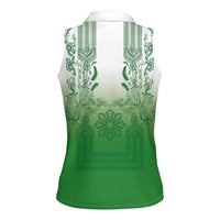 Philippines Barong Style Women Sleeveless Polo Shirt with Polynesian Art and Leaf Motif Green Color LT03 - Polynesian Pride
