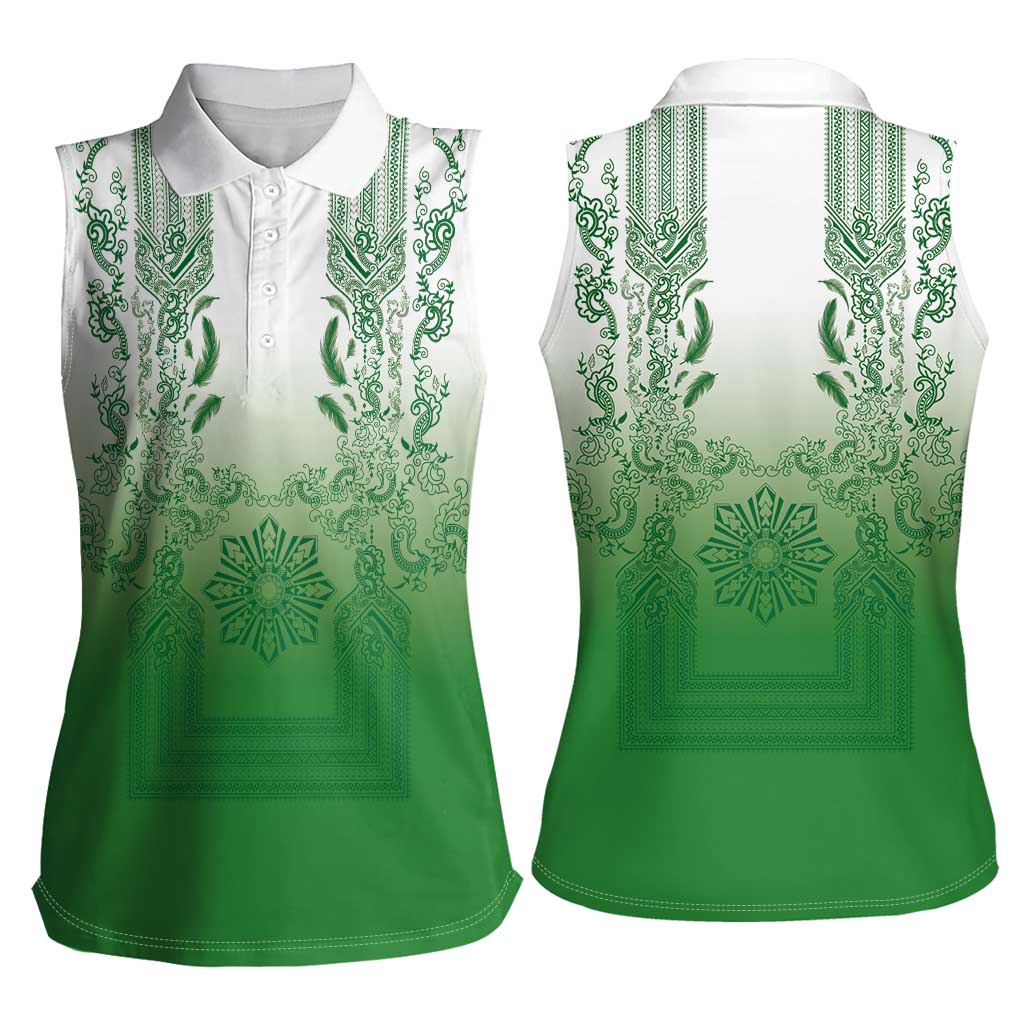 Philippines Barong Style Women Sleeveless Polo Shirt with Polynesian Art and Leaf Motif Green Color LT03 - Polynesian Pride