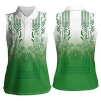 Philippines Barong Style Women Sleeveless Polo Shirt with Polynesian Art and Leaf Motif Green Color LT03 - Polynesian Pride