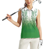 Philippines Barong Style Women Sleeveless Polo Shirt with Polynesian Art and Leaf Motif Green Color LT03 - Polynesian Pride