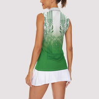 Philippines Barong Style Women Sleeveless Polo Shirt with Polynesian Art and Leaf Motif Green Color LT03 - Polynesian Pride