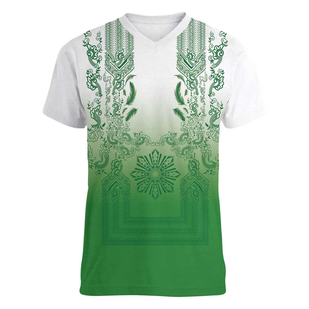 Philippines Barong Style Women V-Neck T-Shirt with Polynesian Art and Leaf Motif Green Color