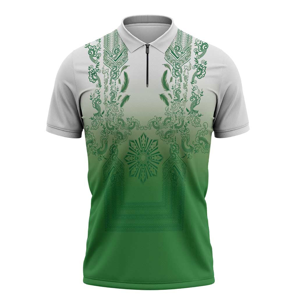 Philippines Barong Style Zipper Polo Shirt with Polynesian Art and Leaf Motif Green Color