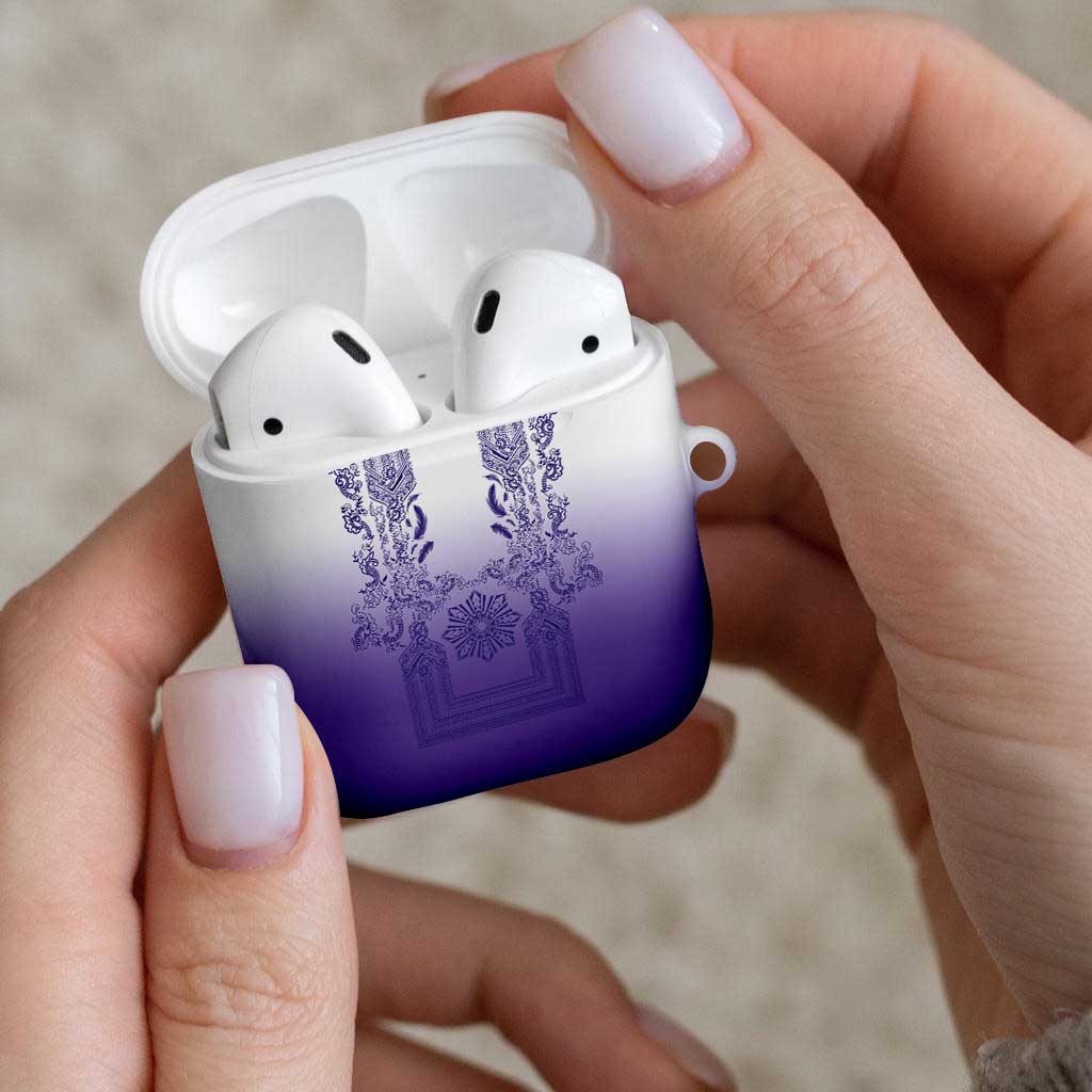 Philippines Barong Style AirPods Case with Polynesian Art and Leaf Motif Purple Color
