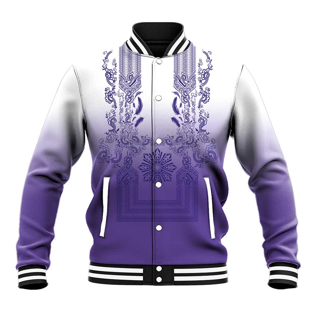 Philippines Barong Style Baseball Jacket with Polynesian Art and Leaf Motif Purple Color