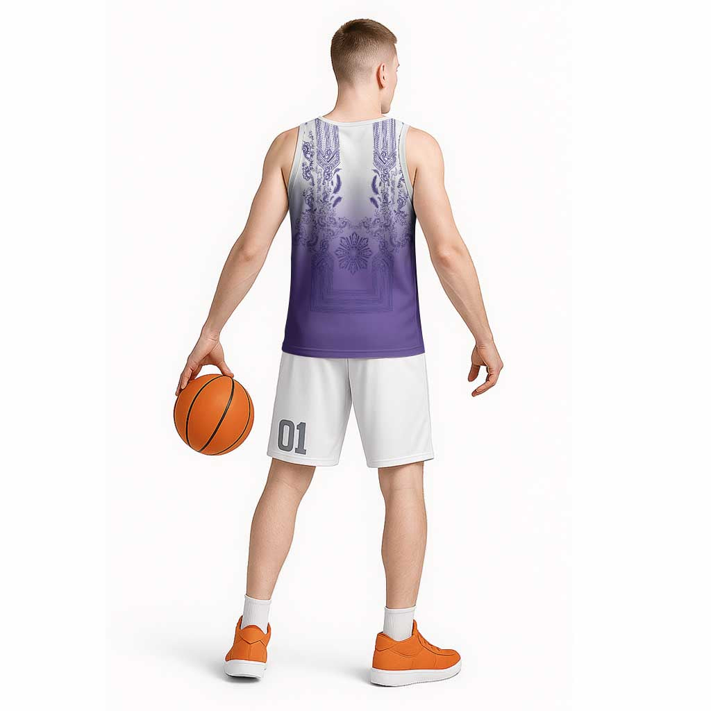 Philippines Barong Style Basketball Jersey with Polynesian Art and Leaf Motif Purple Color