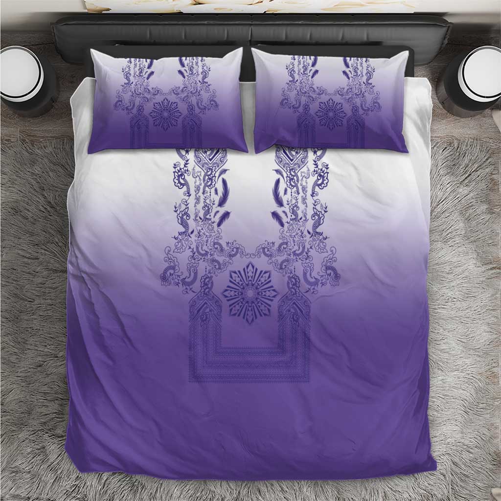 Philippines Barong Style Bedding Set with Polynesian Art and Leaf Motif Purple Color