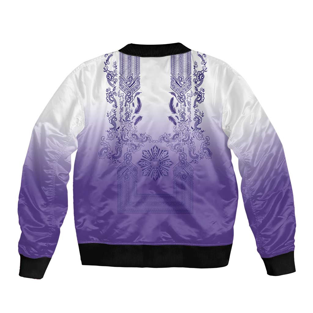 Philippines Barong Style Bomber Jacket with Polynesian Art and Leaf Motif Purple Color
