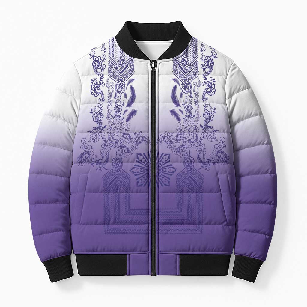 Philippines Barong Style Bomber Puffer Jacket with Polynesian Art and Leaf Motif Purple Color LT03 Unisex Purple - Polynesian Pride