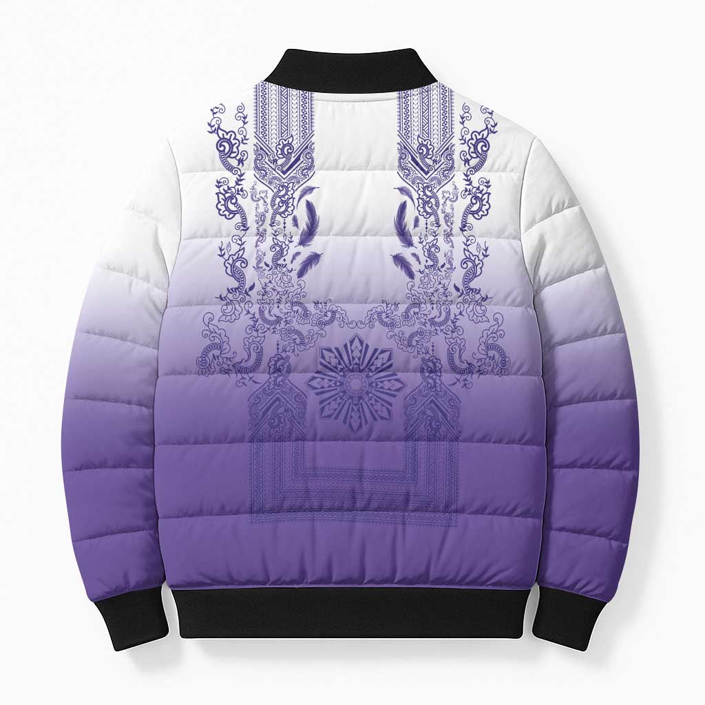 Philippines Barong Style Bomber Puffer Jacket with Polynesian Art and Leaf Motif Purple Color LT03 - Polynesian Pride