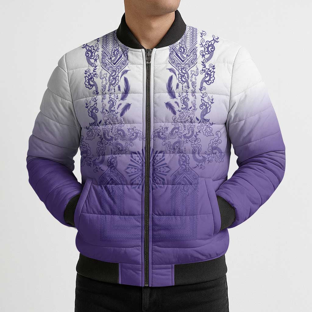 Philippines Barong Style Bomber Puffer Jacket with Polynesian Art and Leaf Motif Purple Color LT03 - Polynesian Pride
