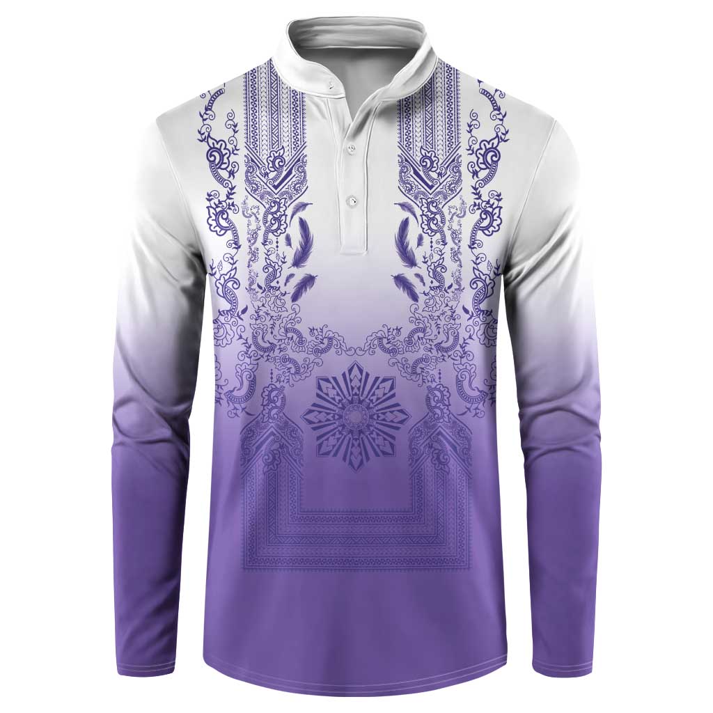 Philippines Barong Style Button Sweatshirt with Polynesian Art and Leaf Motif Purple Color