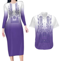 Philippines Barong Style Couples Matching Long Sleeve Bodycon Dress and Hawaiian Shirt with Polynesian Art and Leaf Motif Purple Color