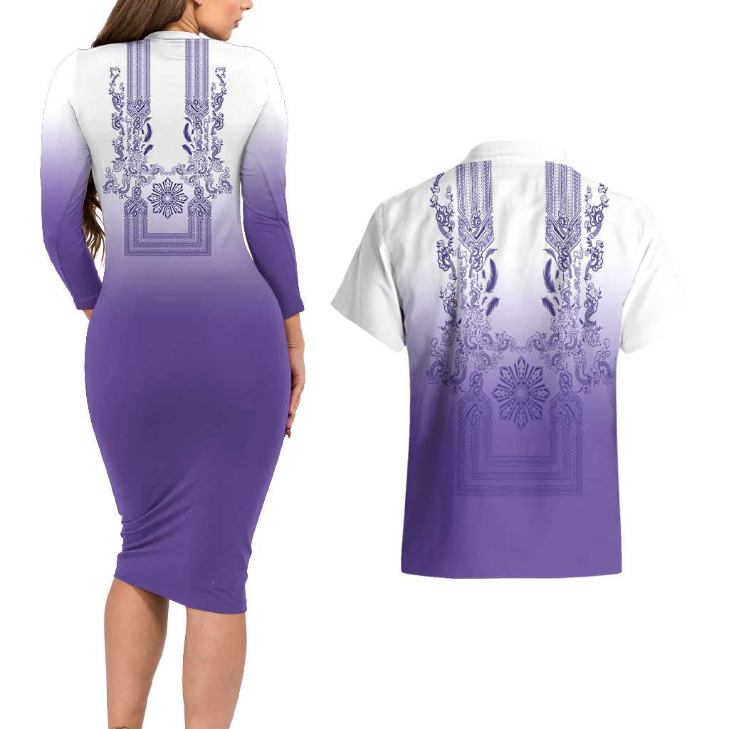 Philippines Barong Style Couples Matching Long Sleeve Bodycon Dress and Hawaiian Shirt with Polynesian Art and Leaf Motif Purple Color