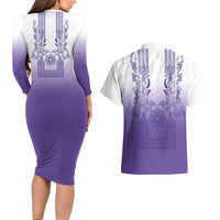 Philippines Barong Style Couples Matching Long Sleeve Bodycon Dress and Hawaiian Shirt with Polynesian Art and Leaf Motif Purple Color