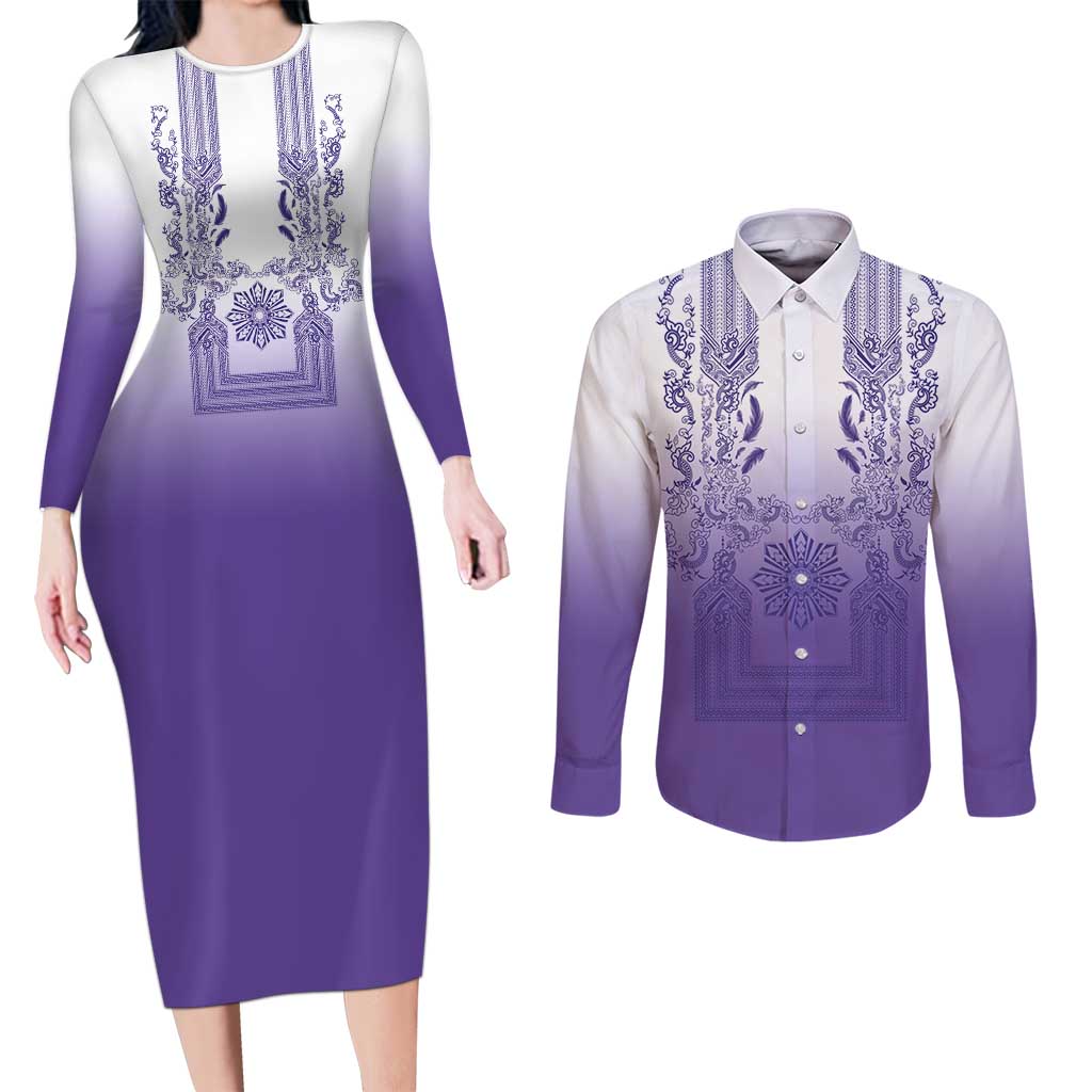 Philippines Barong Style Couples Matching Long Sleeve Bodycon Dress and Long Sleeve Button Shirt with Polynesian Art and Leaf Motif Purple Color