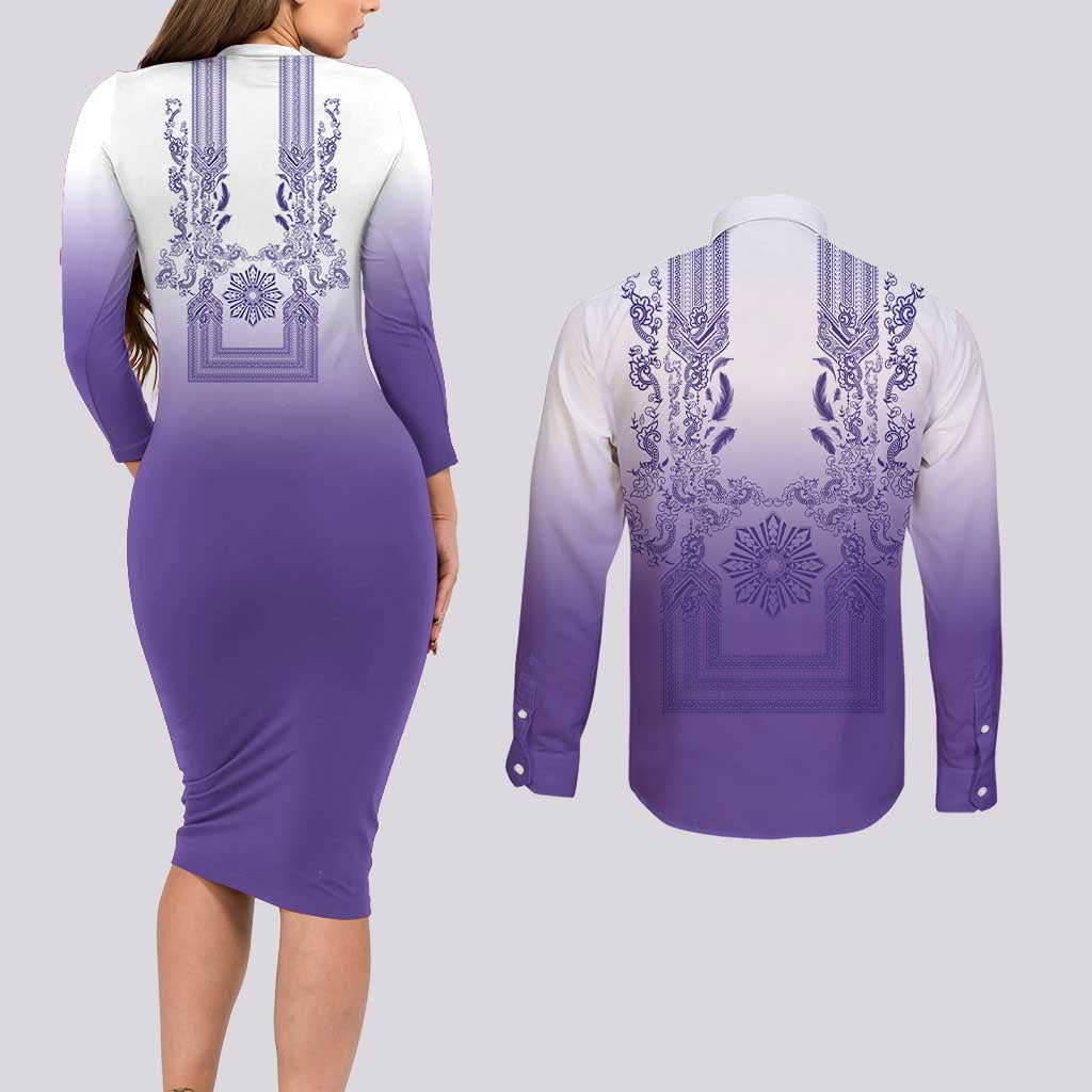 Philippines Barong Style Couples Matching Long Sleeve Bodycon Dress and Long Sleeve Button Shirt with Polynesian Art and Leaf Motif Purple Color