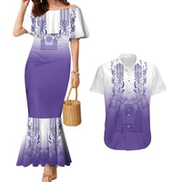 Philippines Barong Style Couples Matching Mermaid Dress and Hawaiian Shirt with Polynesian Art and Leaf Motif Purple Color LT03 Purple - Polynesian Pride