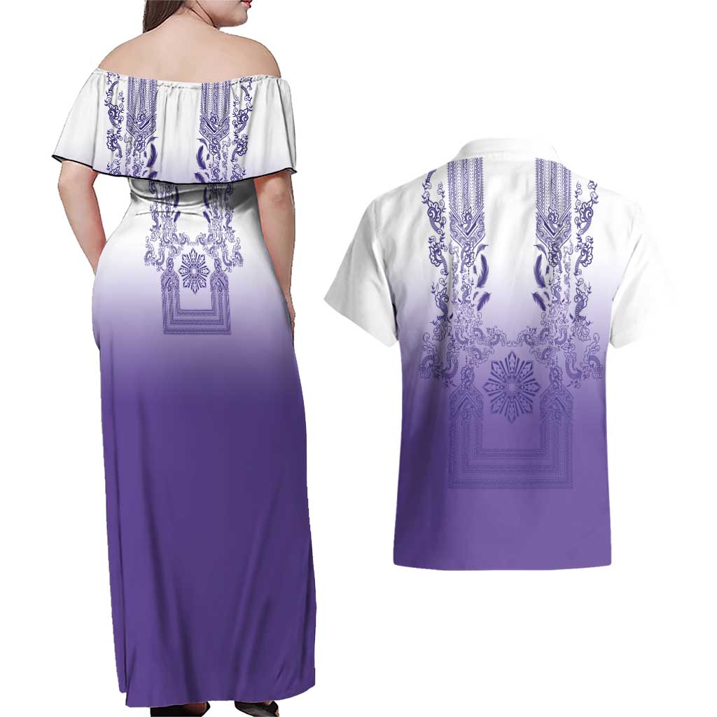 Philippines Barong Style Couples Matching Off Shoulder Maxi Dress and Hawaiian Shirt with Polynesian Art and Leaf Motif Purple Color