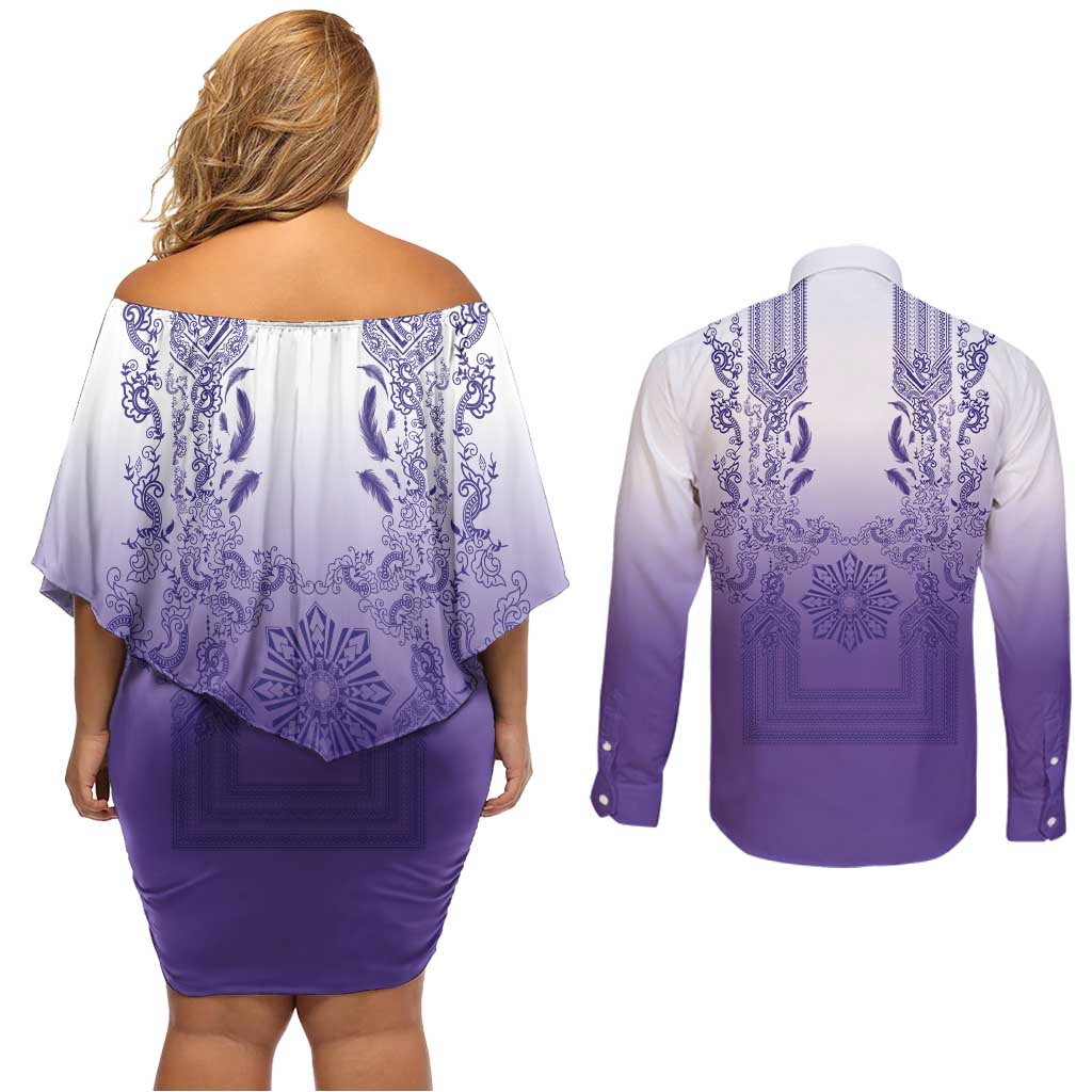 Philippines Barong Style Couples Matching Off Shoulder Short Dress and Long Sleeve Button Shirt with Polynesian Art and Leaf Motif Purple Color