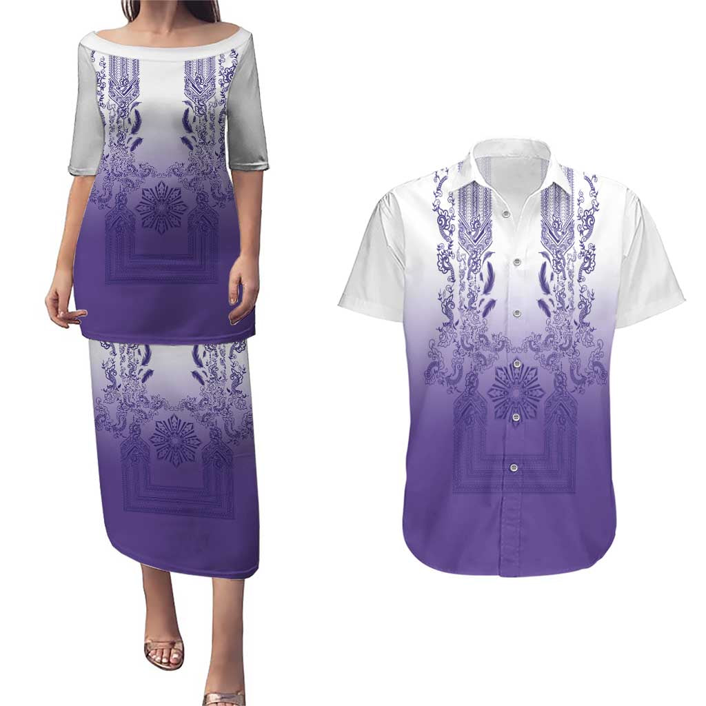 Philippines Barong Style Couples Matching Puletasi and Hawaiian Shirt with Polynesian Art and Leaf Motif Purple Color
