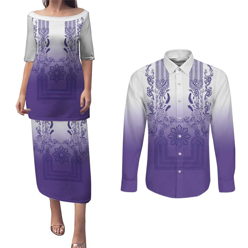 Philippines Barong Style Couples Matching Puletasi and Long Sleeve Button Shirt with Polynesian Art and Leaf Motif Purple Color