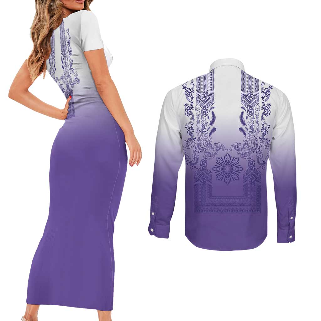 Philippines Barong Style Couples Matching Short Sleeve Bodycon Dress and Long Sleeve Button Shirt with Polynesian Art and Leaf Motif Purple Color