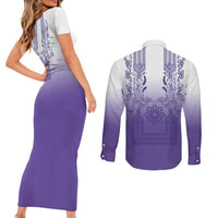 Philippines Barong Style Couples Matching Short Sleeve Bodycon Dress and Long Sleeve Button Shirt with Polynesian Art and Leaf Motif Purple Color