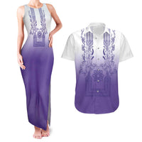Philippines Barong Style Couples Matching Tank Maxi Dress and Hawaiian Shirt with Polynesian Art and Leaf Motif Purple Color