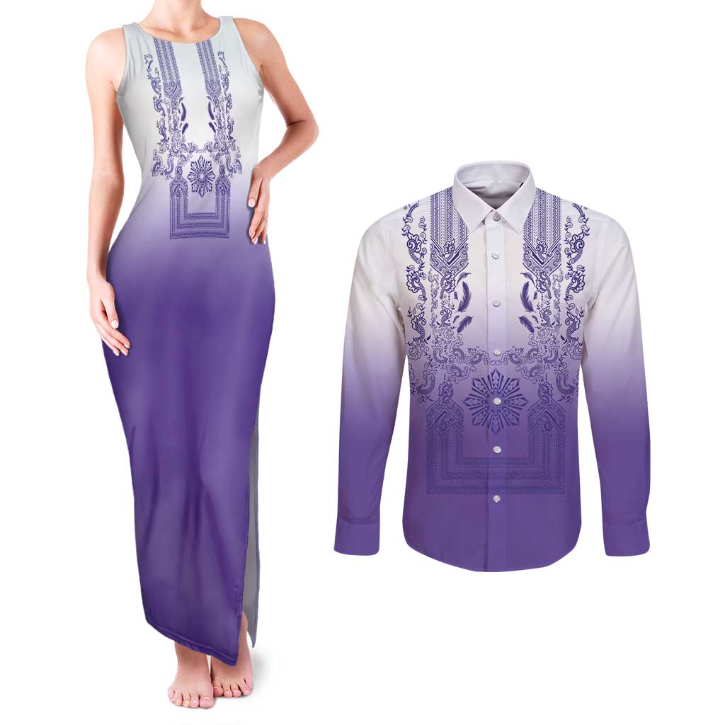 Philippines Barong Style Couples Matching Tank Maxi Dress and Long Sleeve Button Shirt with Polynesian Art and Leaf Motif Purple Color