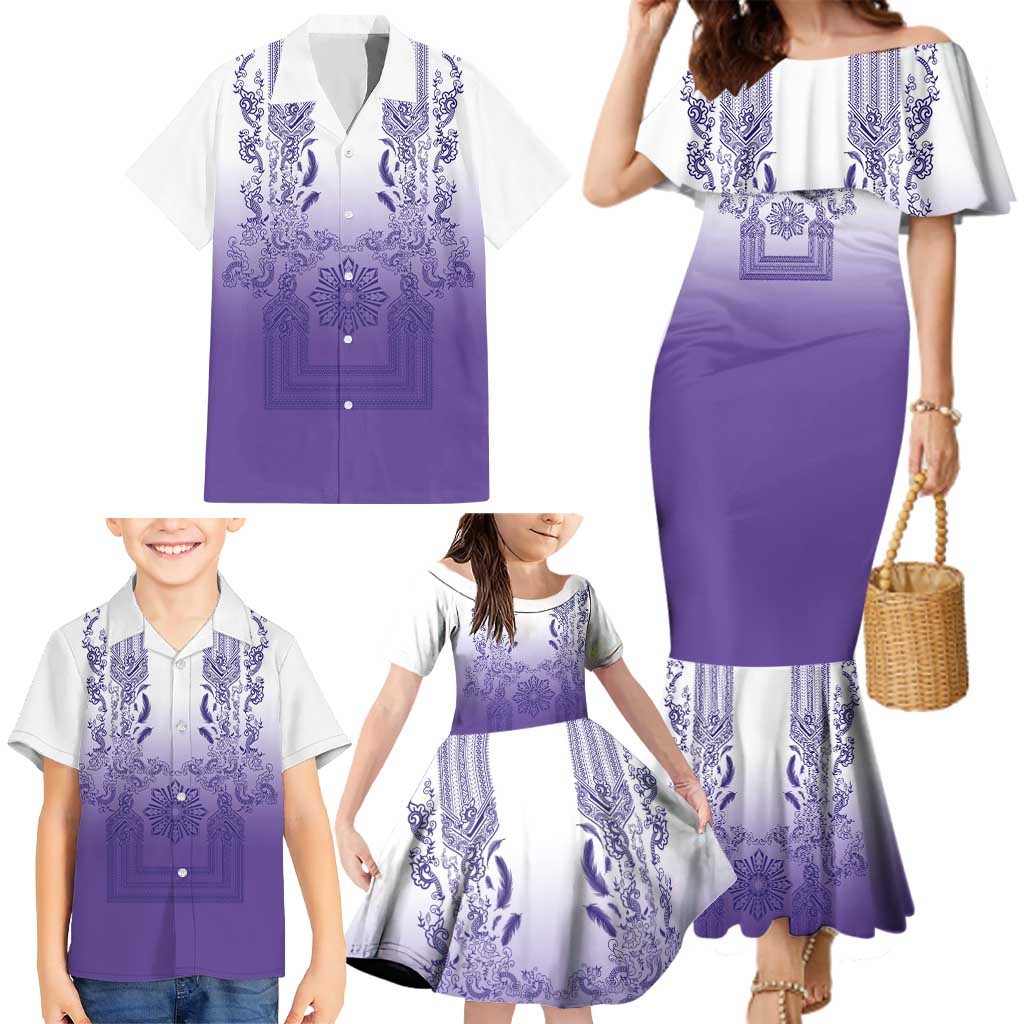 Philippines Barong Style Family Matching Mermaid Dress and Hawaiian Shirt with Polynesian Art and Leaf Motif Purple Color