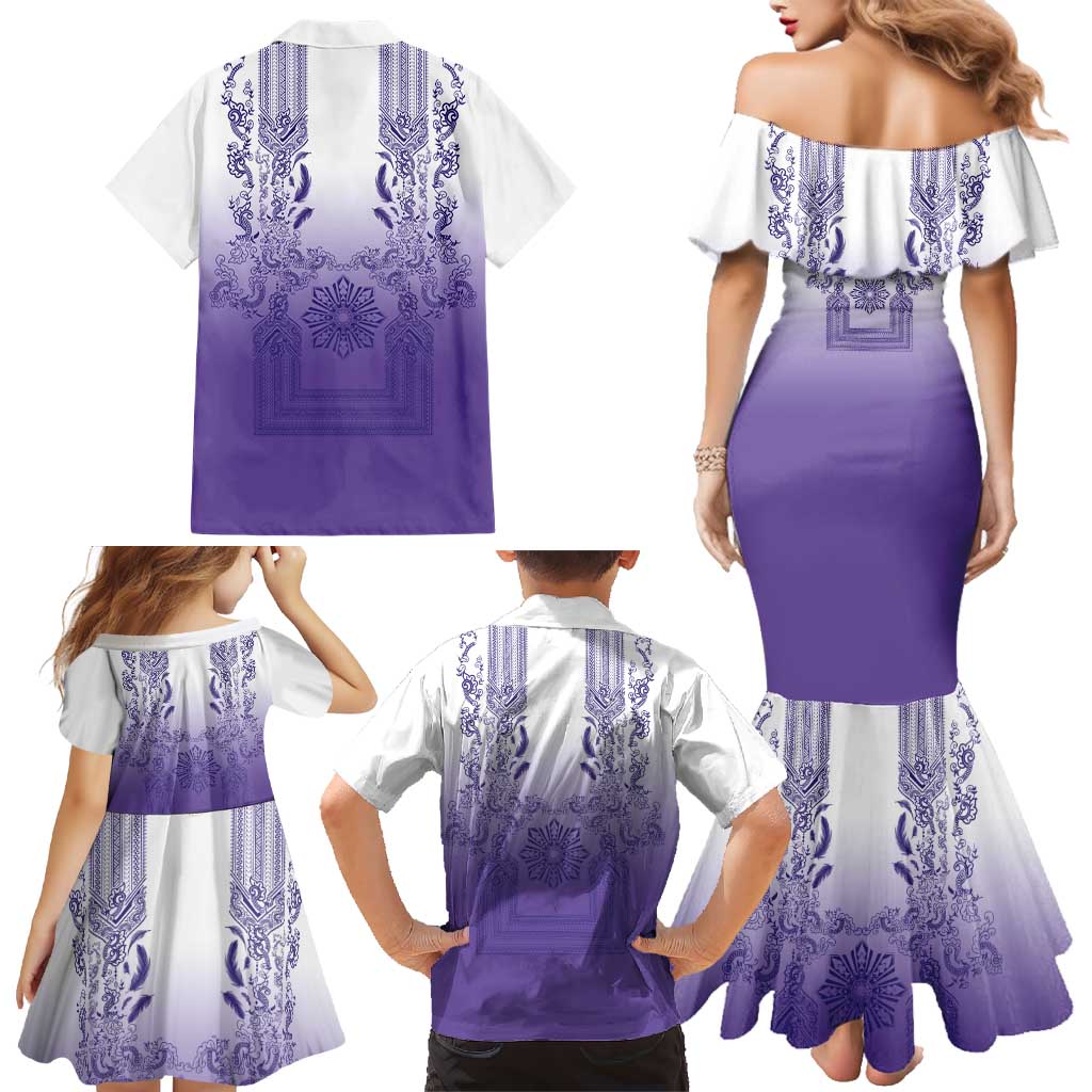 Philippines Barong Style Family Matching Mermaid Dress and Hawaiian Shirt with Polynesian Art and Leaf Motif Purple Color