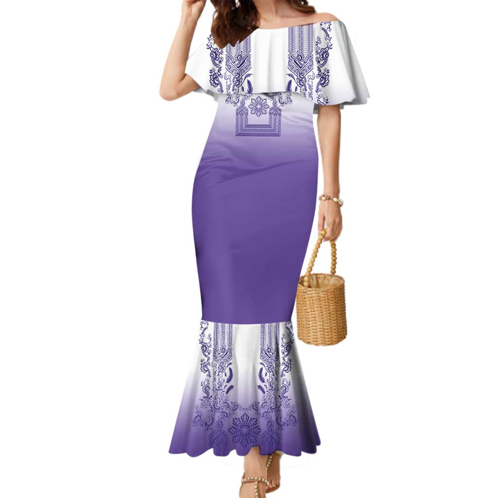 Philippines Barong Style Family Matching Mermaid Dress and Hawaiian Shirt with Polynesian Art and Leaf Motif Purple Color
