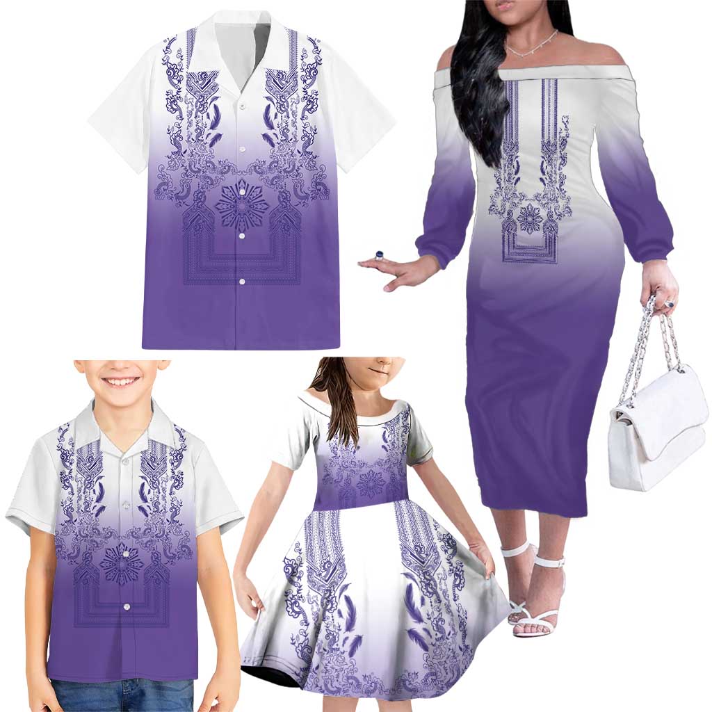 Philippines Barong Style Family Matching Off The Shoulder Long Sleeve Dress and Hawaiian Shirt with Polynesian Art and Leaf Motif Purple Color