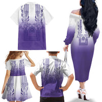 Philippines Barong Style Family Matching Off The Shoulder Long Sleeve Dress and Hawaiian Shirt with Polynesian Art and Leaf Motif Purple Color