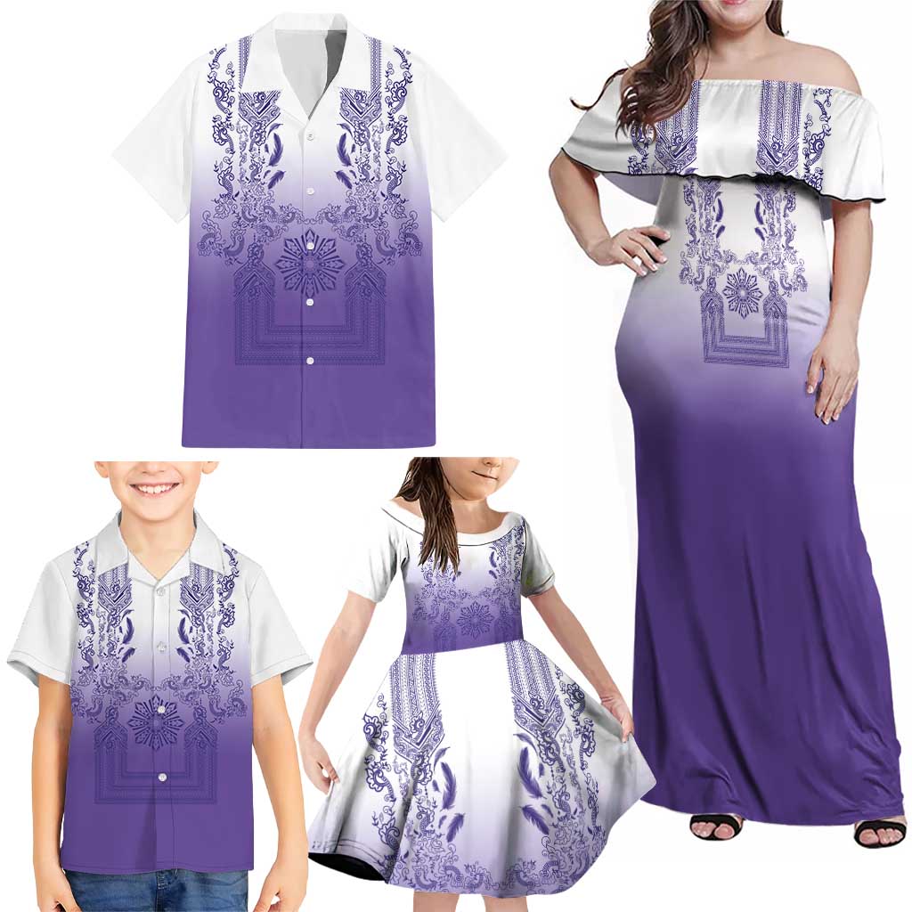 Philippines Barong Style Family Matching Off Shoulder Maxi Dress and Hawaiian Shirt with Polynesian Art and Leaf Motif Purple Color