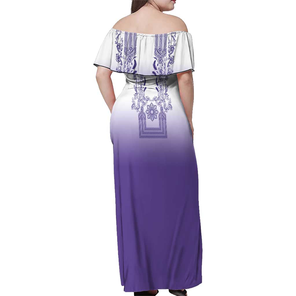 Philippines Barong Style Family Matching Off Shoulder Maxi Dress and Hawaiian Shirt with Polynesian Art and Leaf Motif Purple Color
