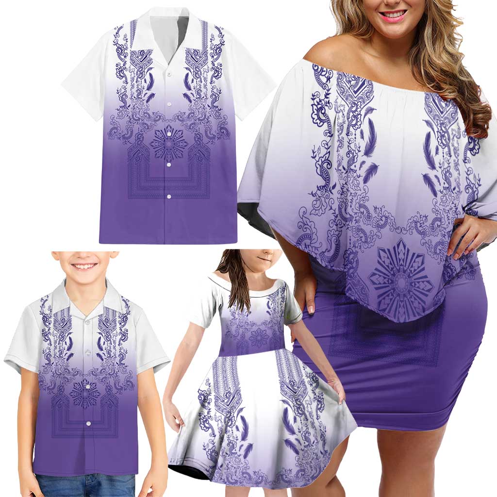 Philippines Barong Style Family Matching Off Shoulder Short Dress and Hawaiian Shirt with Polynesian Art and Leaf Motif Purple Color