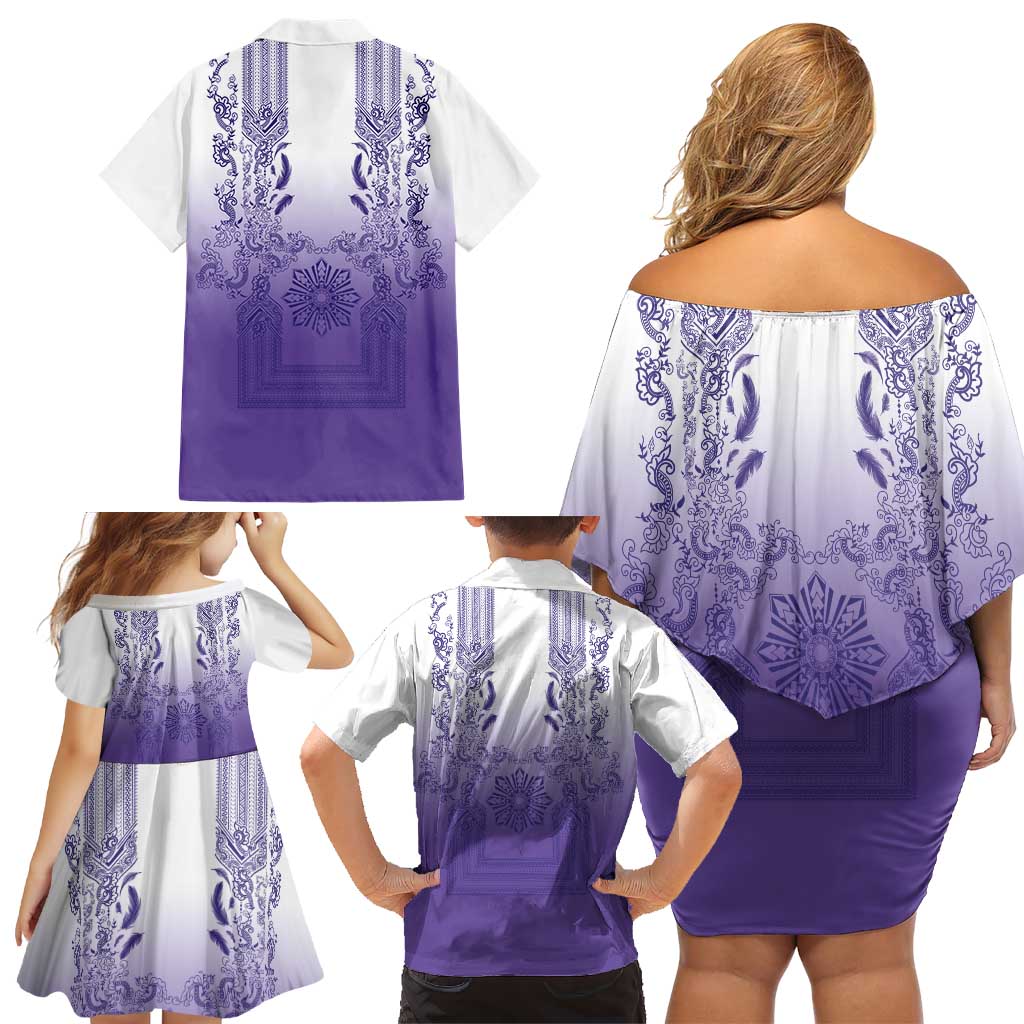 Philippines Barong Style Family Matching Off Shoulder Short Dress and Hawaiian Shirt with Polynesian Art and Leaf Motif Purple Color