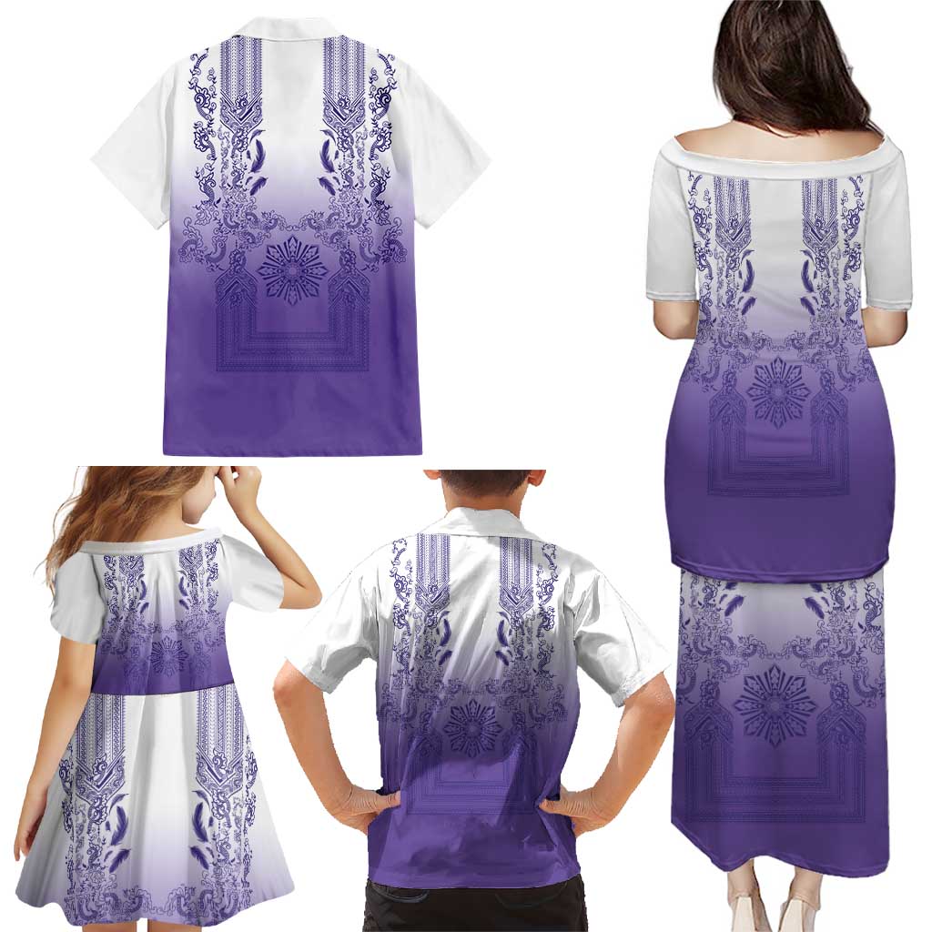 Philippines Barong Style Family Matching Puletasi and Hawaiian Shirt with Polynesian Art and Leaf Motif Purple Color