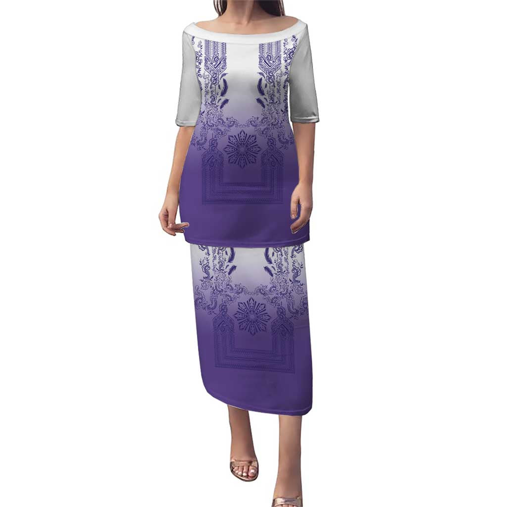 Philippines Barong Style Family Matching Puletasi and Hawaiian Shirt with Polynesian Art and Leaf Motif Purple Color